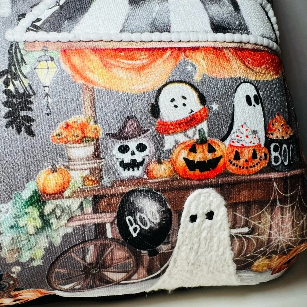 Halloween Sweet Shop Textured Throw Pillow Ghosts Candy Cake Pumpkins Party